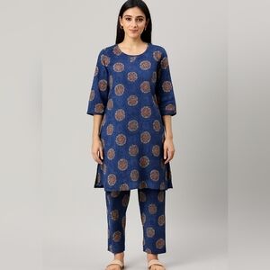 Janasya Blue and Red Patterned Kurta Top and Bottom Set, size 2X